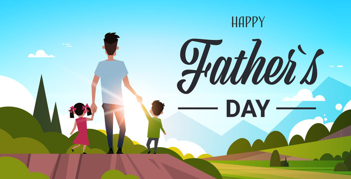 happy father day family holiday daughter and son hold dad hand stand back looking sunset concept greeting card flat vector illustration