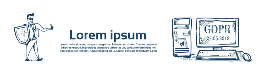 Fototapeta premium man in business suit shield security and protection of personal data on computer General Data Protection Regulation GDPR concept hand drawing vector illustration