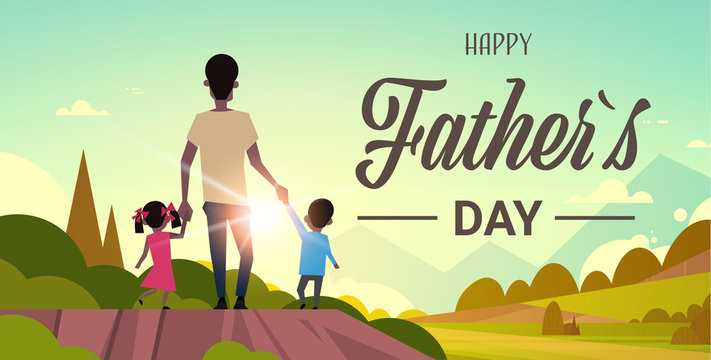 happy father day african family holiday daughter and son hold dad hand stand back looking sunset concept greeting card flat vector illustration
