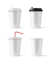 Set of realistic blank mock up paper cups with plastic lid. Coffee to go, take out mug. Vector illustration isolated and can be use for any backgrounds. EPS10.
