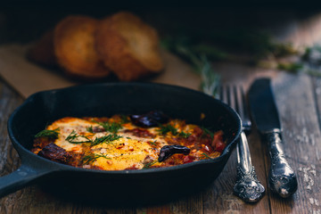 Shakshuka dish in a pan on a wood vintage rustic background