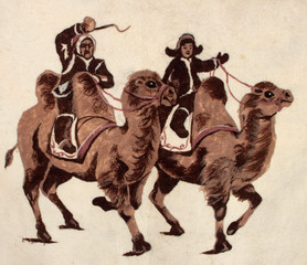 drawing on a yurt of a man on camels