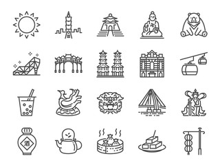 Fototapeta premium Zestaw ikon Tajwanu. Zawiera ikony takie jak Tajpej, chiński lew kamienny, herbata bąbelkowa, destylowany likier, herbata, śmierdzące tofu, niedźwiedź i inne.