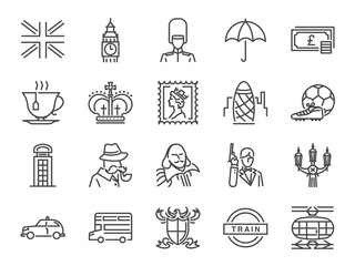 United Kingdom icon set. Included the icons as tea time, British pound, London taxi, queen, flag, bus, Big ben tower and more.