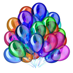 Colorful party balloons, multicolored birthday decoration, helium balloon bunch glossy different colors. Holiday, anniversary, celebrate greeting card. 3d illustration