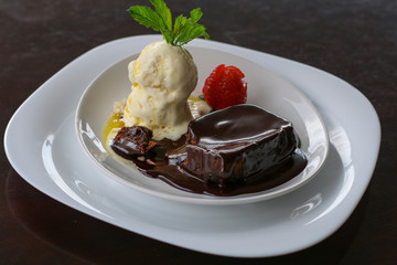Petit gateau with ice cream and strawberry
