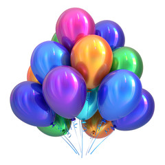 Helium balloons happy birthday party decoration multicolor. Anniversary celebrate, holiday, event greeting card colorful. 3d illustration, isolated