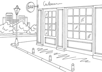Bar exterior graphic black white city sketch illustration vector