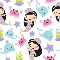Seamless pattern of cute mermaid girl and sea elements vector cartoon illustration for kid wrapping paper, kid fabric clothes, and wallpaper