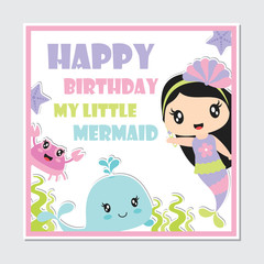 Cute mermaid girl and sea creatures frame vector cartoon illustration for birthday card design, postcard, and wallpaper