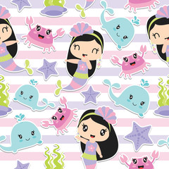 Seamless pattern of cute mermaid girl and sea elements on striped background vector cartoon illustration for kid wrapping paper, kid fabric clothes, and wallpaper