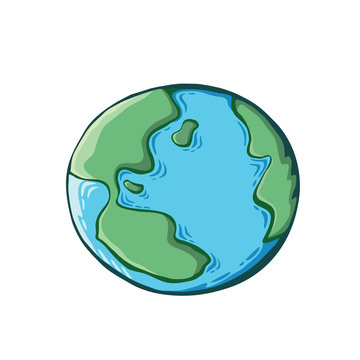 Earth drawing on white background. World map or globe in doodles style. Environment design for earth day.