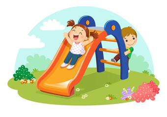 Cute kids having fun on slide in playground