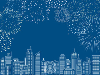Naklejka premium 花火と線画のビル街の風景