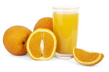 oranges and orange juice on white background