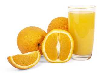 oranges and orange juice on white background