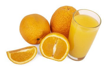 oranges and orange juice on white background