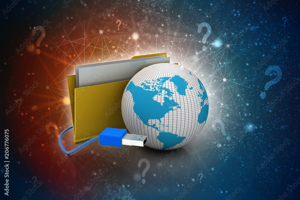 Poster 3d rendering file folders around earth with usb