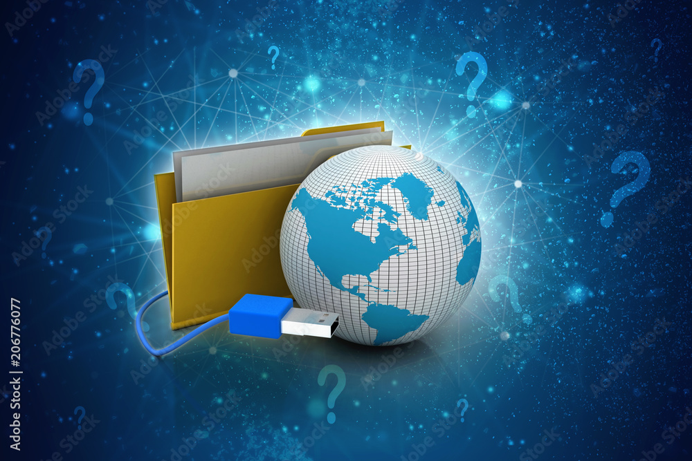 Poster 3d rendering file folders around earth with usb