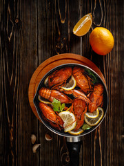 Boiled crayfish in a pan