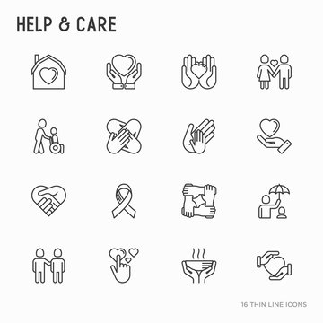 Help and care thin line icons set: symbols of support, help for children and disabled, togetherness, philanthropy and donation. Vector illustration.