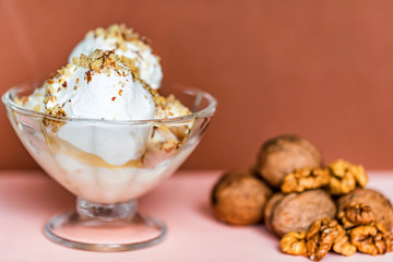 Vanilla ice cream in bowl and walnuts