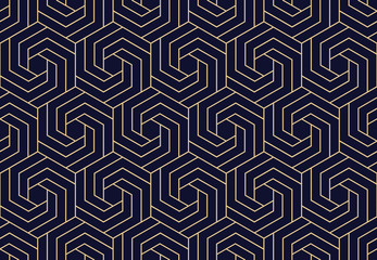 Abstract geometrisch patroon met strepen, lijnen. Naadloze vectorachtergrond. Donkerblauw en gouden ornament. Eenvoudig rooster grafisch ontwerp