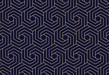 Keuken foto achterwand Blauw goud Abstract geometrisch patroon met strepen, lijnen. Naadloze vectorachtergrond. Donkerblauw en gouden ornament. Eenvoudig rooster grafisch ontwerp