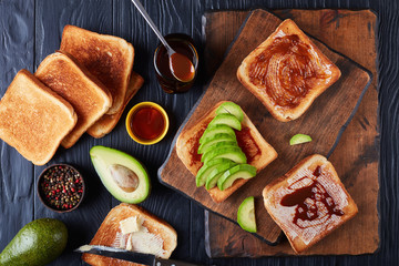 toasts with butter, avocado and yeast spread