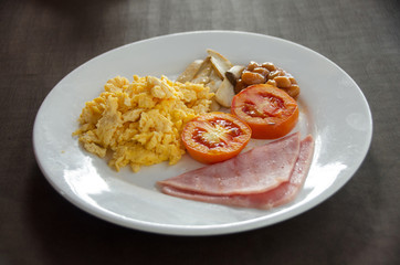 American breakfast with Scrambled egg.