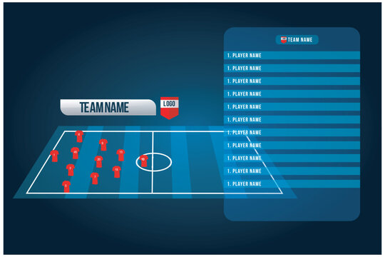 Soccer starting lineup squad. Football or soccer playing field with set of infographic. broadcast Graphics for soccer. vector illustration