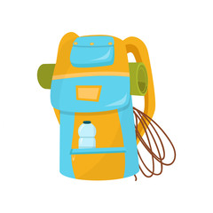 Hiking backpack with rope, camping mat and bottle of water in pocket. Bright blue-yellow bag for adventurer. Flat vector icon