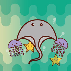 stingray jellyfish starfish sea life cartoon background vector illustration