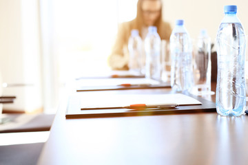 Closeup of an empty conference room before meeting.