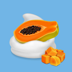 Papaya in yogurt or whipped cream. Tropical fruit cubes realistic vector illustration