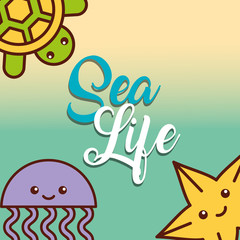 jellyfish and starfish sea life cartoon animal underwater vector illustration