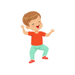 Cute smiling little boy dancing in casual clothes vector Illustration on a white background