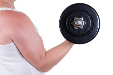 Fototapeta na wymiar An adult man holds a dumbbell in his hand while clearly seeing his bicep and fist on an isolated background