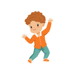 Cute redhead little boy dancing in casual clothes vector Illustration on a white background