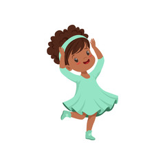 Cute african american little girl dancing in light blue dress vector Illustration on a white background