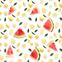 Creative seamless pattern flat layout of watermelon,  lemon, lime and mint isolated on white background. Top view. Concept healthy eating, summer, refreshing drinks. 