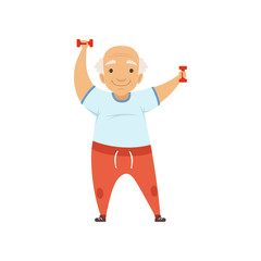 Senior man in sports uniform exercising with dumbbells, grandmother character doing morning exercises or therapeutic gymnastics, active and healthy lifestyle vector Illustration