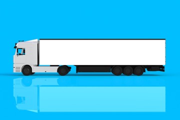 Mock up of side view white truck isolated on blue background, 3d rendering
