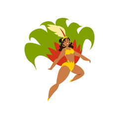 Brazilian girl dancing samba, beautiful woman in bright carnival costume vector Illustration on a white background