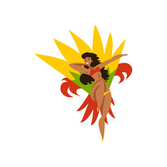 Happy girl dancing samba, beautiful Brazilian woman in bright carnival costume vector Illustration on a white background