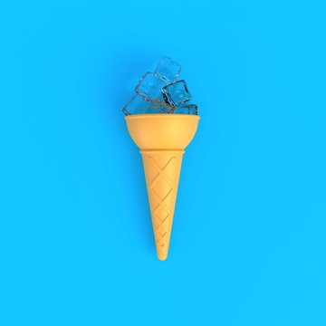 Ice cubes in ice cream cone abstract minimal blue background, Food concept, 3d rendering