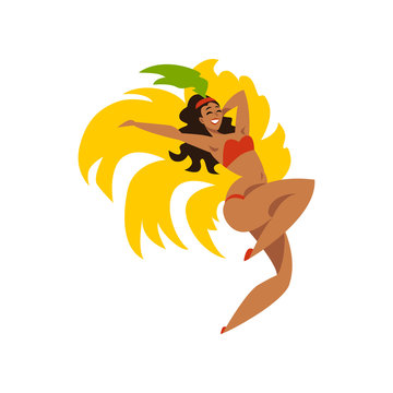 Happy girl dancing samba, beautiful Brazilian woman in festive costume with bright plumage vector Illustration on a white background