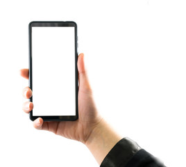 Female hand holding black cellphone with white screen at isolated background.
