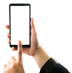 Close Up shot of a woman typing on mobile phone isolated on white background. Girl's hand holding a modern smartphone and pointing with finger