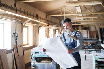 Naklejka na ściany i meble Portrait of a man worker in the carpentry workshop.